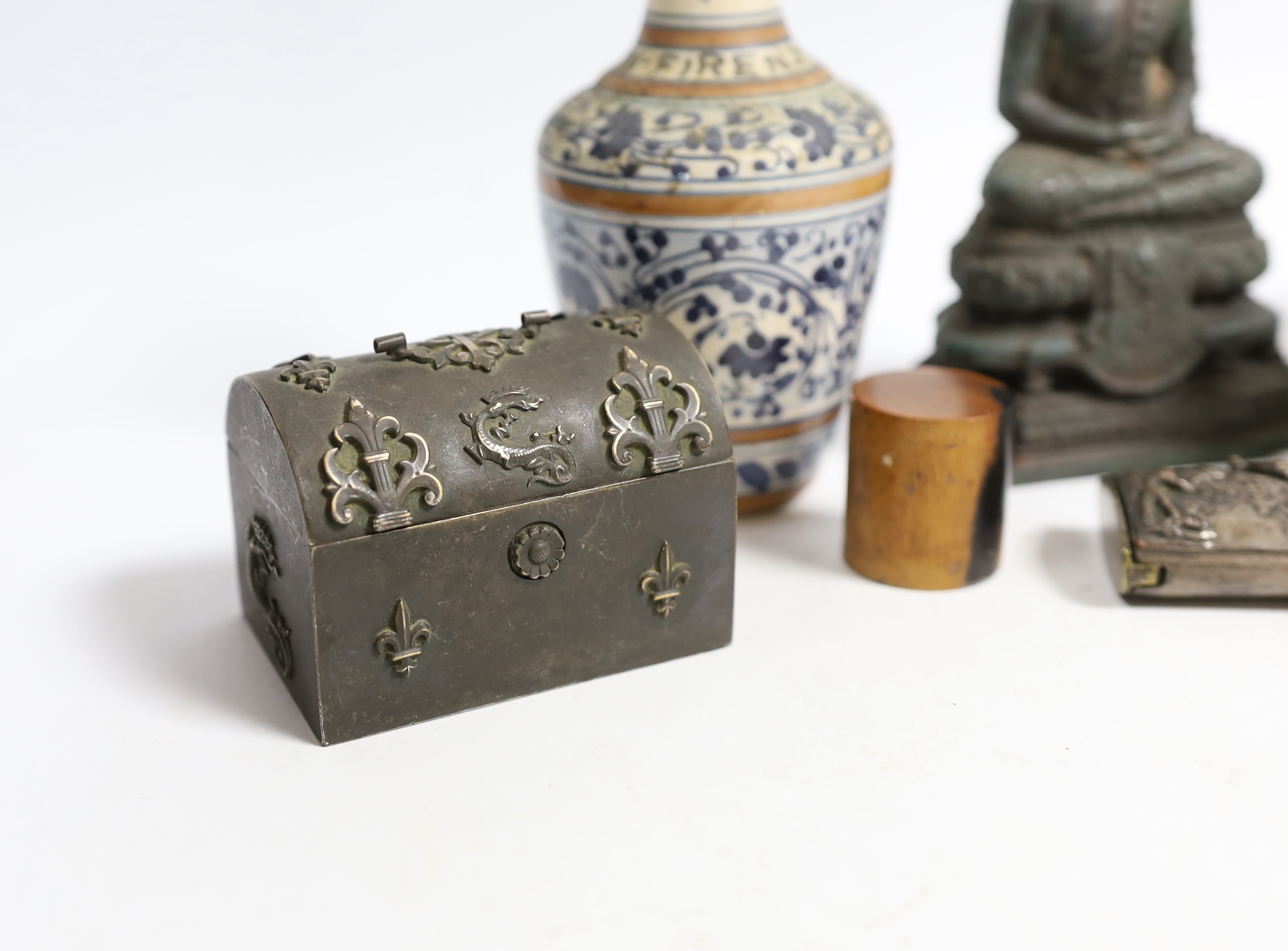 A Chinese hardstone bowl, a cast Buddha and five other items including a domed miniature chest, largest 13cm high